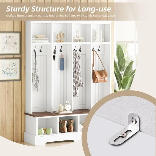 Farmhouse Hall Tree with Bench, 59" Wide Entryway Organizer with 8 Hooks & Storage Compartments, Modern Coat Rack & Shoe Bench for Mudroom,White