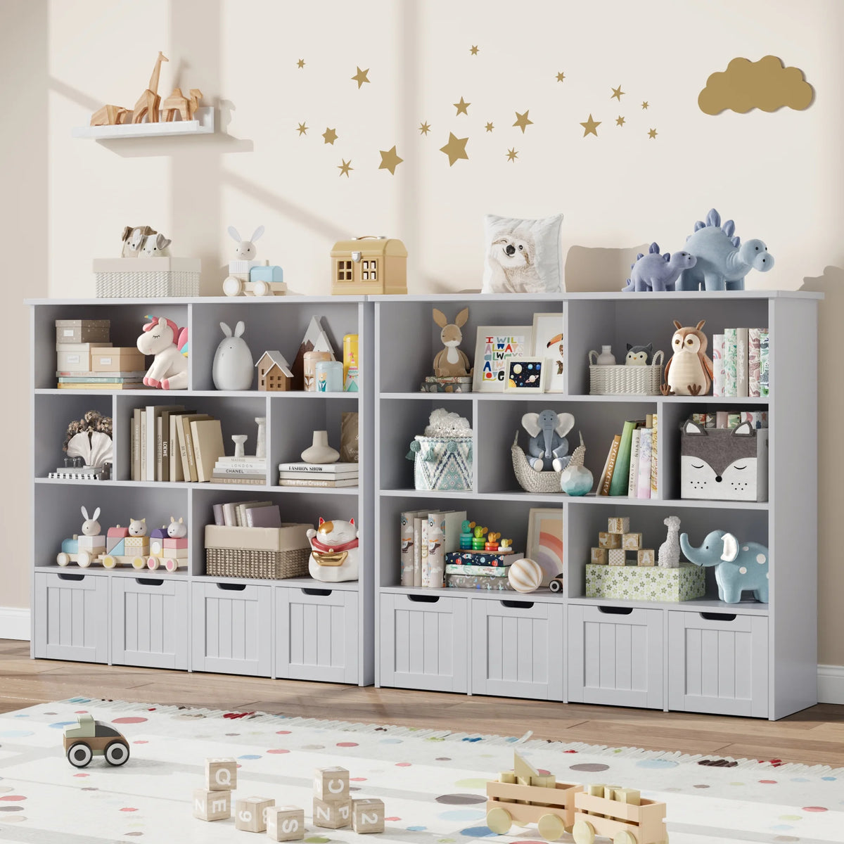 Homfa 7 Cube Toy Storage Organizer, Kids Geometric Bookcase and Bookshelf with 4 Drawers, White