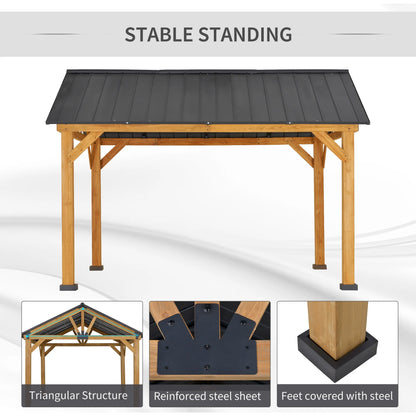Outsunny 11x13 Hardtop Gazebo with Wooden Frame, Permanent Metal Roof Gazebo Canopy with Ceiling Hook for Garden, Patio, Backyard