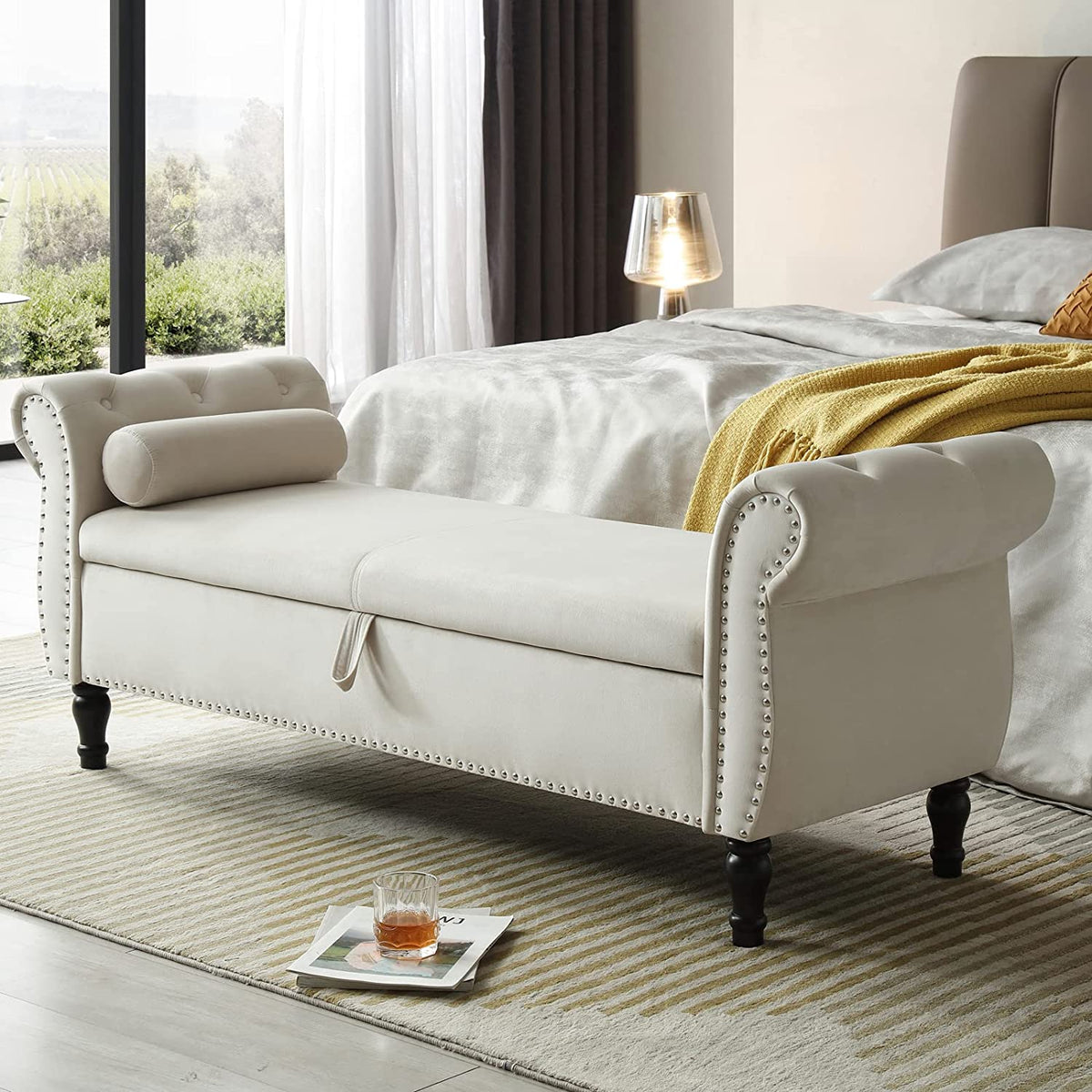 Sumdeal 43.5" Storage Ottoman Bench with 250lb Seating, Linen Upholstered Wood Legs Safety Hinge Flip Top Oval Foot Rest Long Stool for Sofa Couch Bedroom End of Bed Living Room Entryway, White