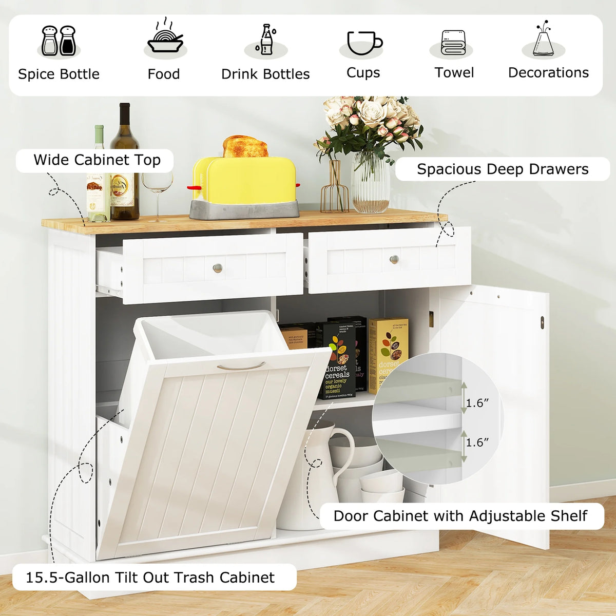Costway 15.5 Gallon Kitchen Tilt Out Trash Cabinet Rubber Wood Tabletop 2 Drawers Shelf Gray