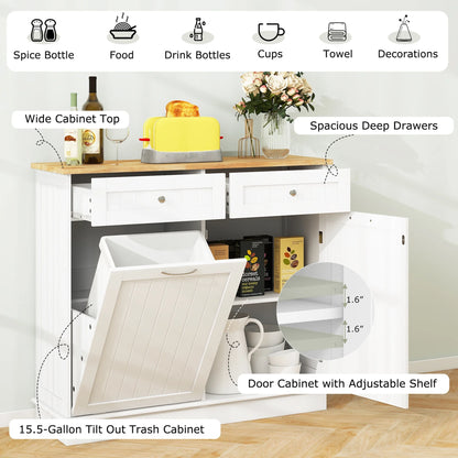 Costway 15.5 Gallon Kitchen Tilt Out Trash Cabinet Rubber Wood Tabletop 2 Drawers Shelf Gray