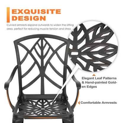 NUU GARDEN 2 PCS Cast Aluminum Dining Chairs ,Outdoor Patio Bistro Chairs Set of 2 ,Stackable Patio Dining Chairs with Armrest,Black with Gold-Painted Edge