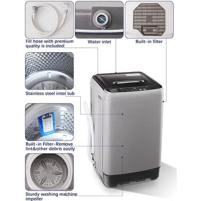Full-Automatic Washing Machine, Portable Laundry Washer, Compact 17.7 lbs, LED Display, Drain Pump, 10 Wash Programs 8 Water Levels