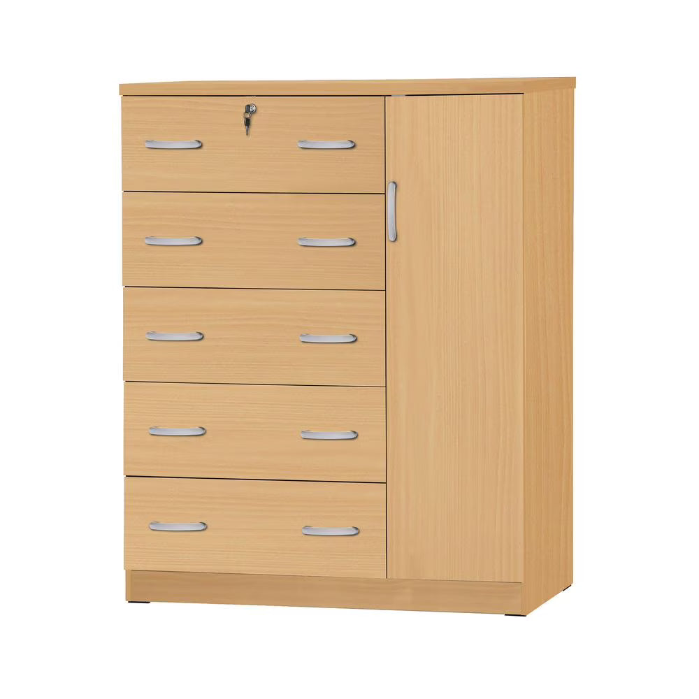 Better Home Products JCF Sofie 5 Drawer Wooden Tall Chest Wardrobe in Mahogany