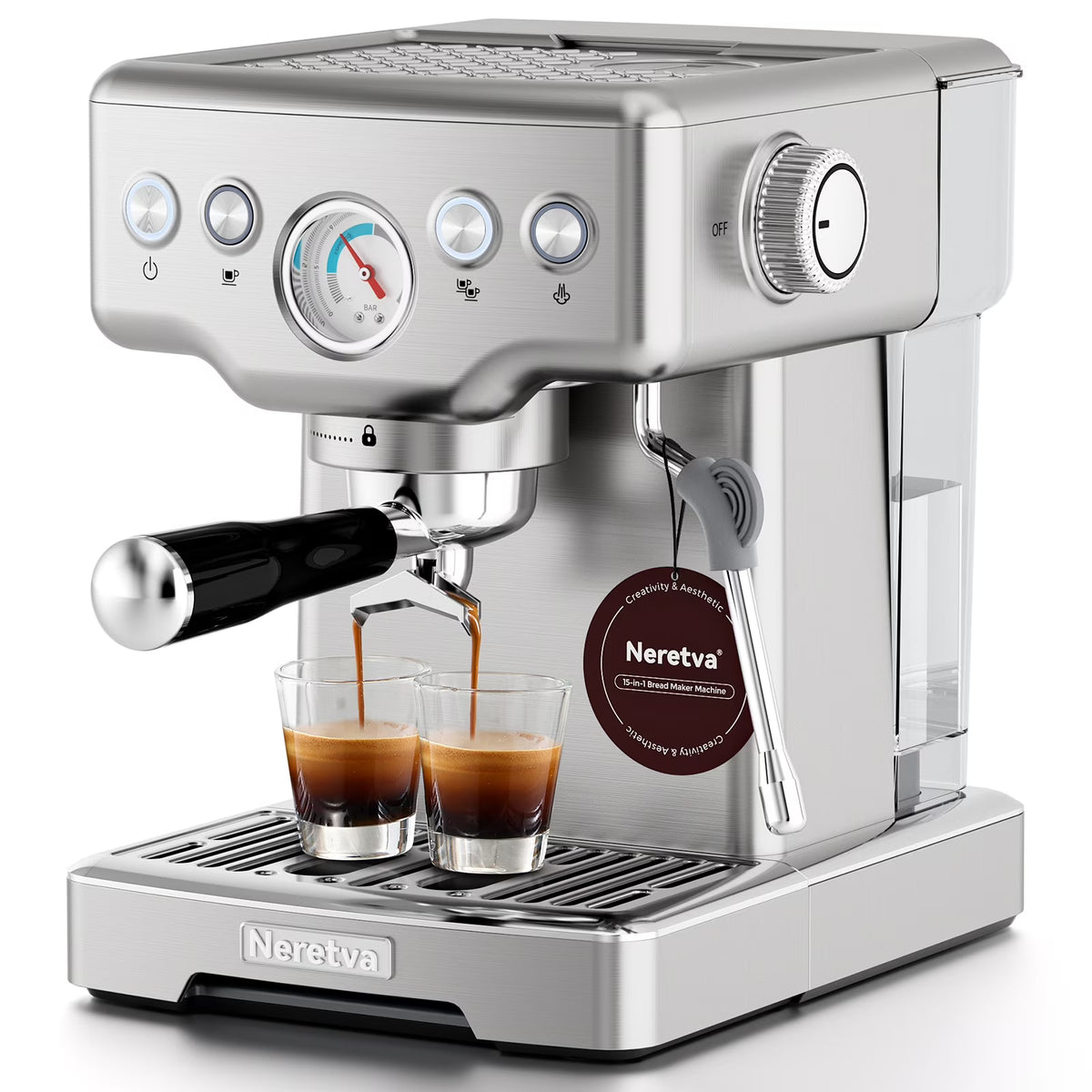 Neretva Espresso Machine 15 Bar Professional Espresso Maker with Milk Frother Steam Wand, Cappuccino & Latte Machine, Espresso Coffee Machine for Home- Stainless Steel