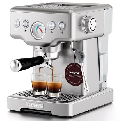 Neretva Espresso Machine 15 Bar Professional Espresso Maker with Milk Frother Steam Wand, Cappuccino & Latte Machine, Espresso Coffee Machine for Home- Stainless Steel