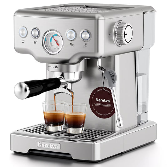 Neretva Espresso Machine 15 Bar Professional Espresso Maker with Milk Frother Steam Wand, Cappuccino & Latte Machine, Espresso Coffee Machine for Home- Stainless Steel