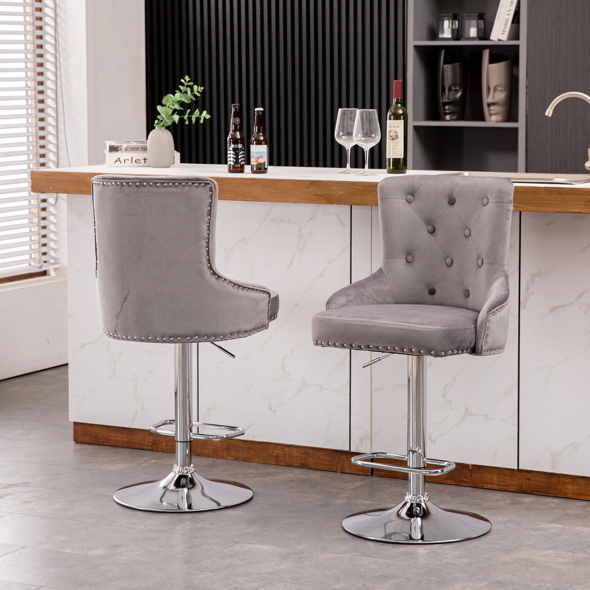 Alexent  2PCS Swivel Bar Stools, High Back, Button Tufted, Silver Footrest and Nailhead Trim Swivel Bar Chairs for Kitchen, Bar Velvet Upholstered Bar Stools, Dark Blue