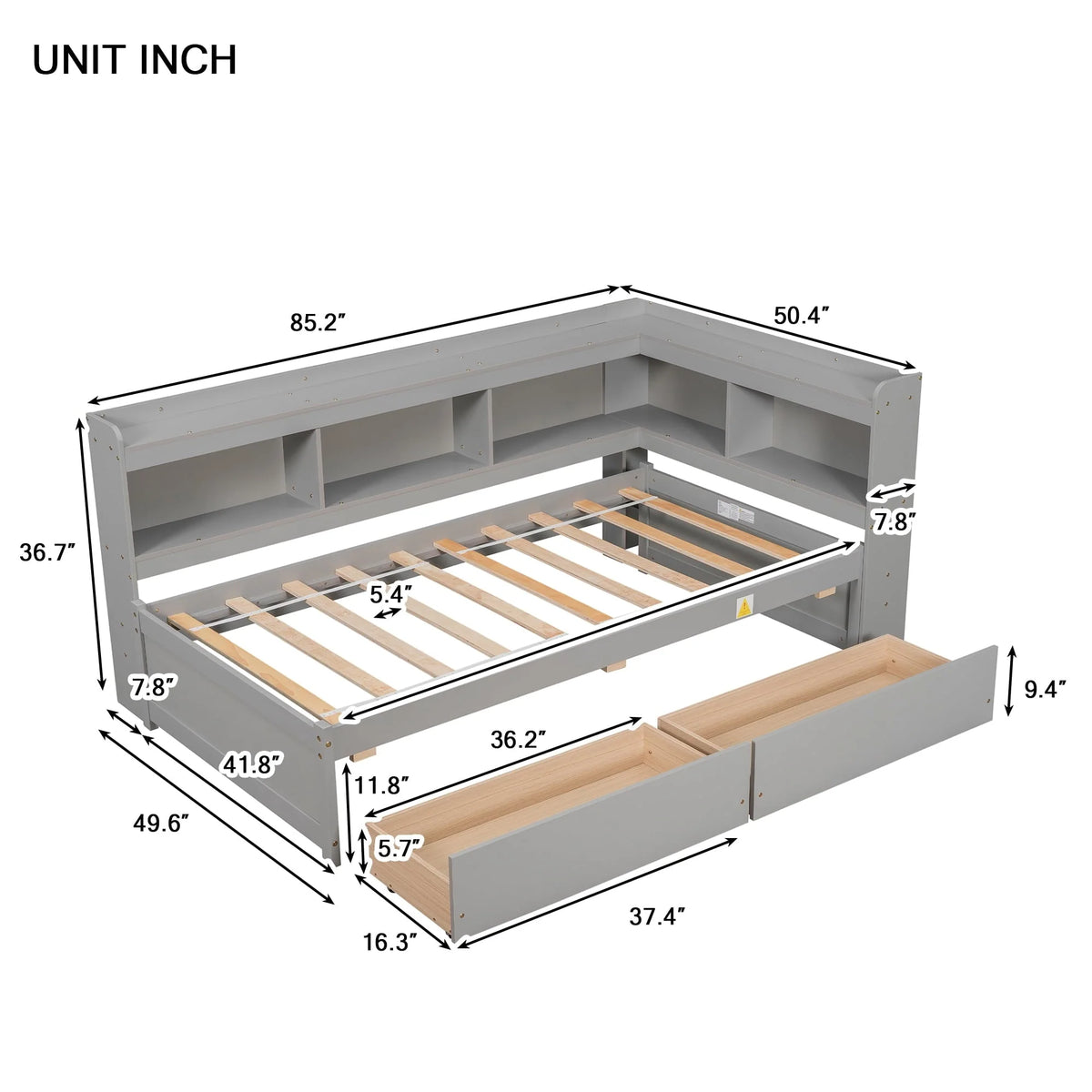 Twin Bed with L-Shaped Bookcases and Two Drawers,Solid Wood Platform Bed Frame with Bookcases Headboard and Wood Slats Support,Twin Size Daybed Frame for Bedroom Living Room,No Box Spring Needed,Gray