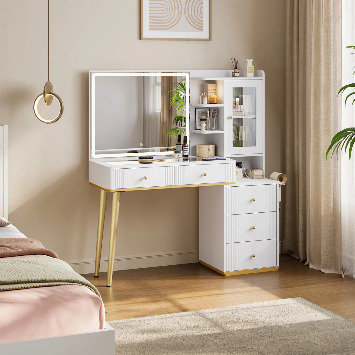 Linsy Home Large 47.2" Makeup Vanity With Mirror And 11 Lights, Glass Top Vanity Desk with 9 Drawers & 2 Adjustable Cabinets, Dressing Table with Charging Station & Hair Dryer Rack For Bedroom, White