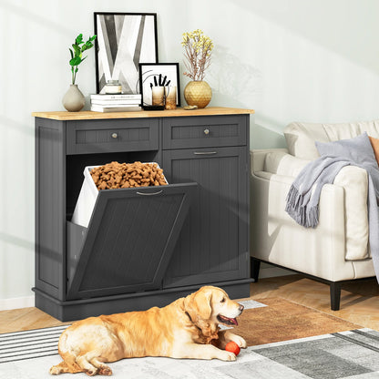Costway 15.5 Gallon Kitchen Tilt Out Trash Cabinet Rubber Wood Tabletop 2 Drawers Shelf Gray