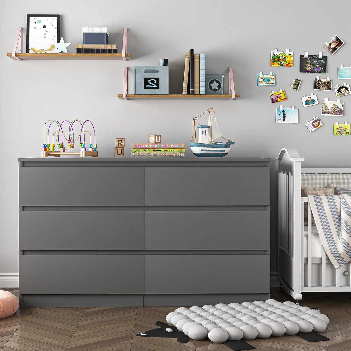 Resenkos Modern Mid Century 6 Drawer Wide Dressers Chests for Bedroom, Chest of Drawer Organizer Grey
