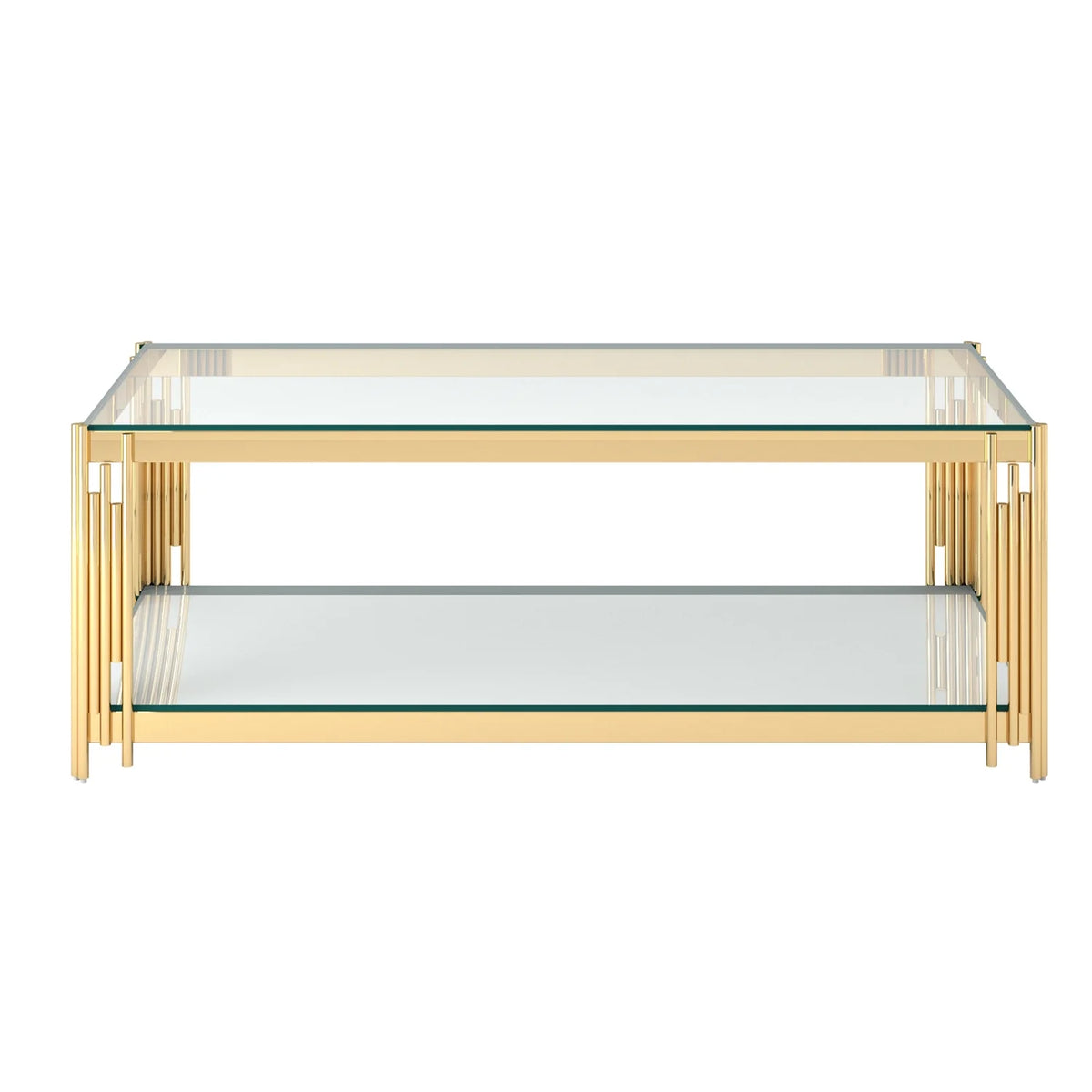 Estrel Glass Top Contemporary Metal Coffee Table with Lower Shelf in Gold