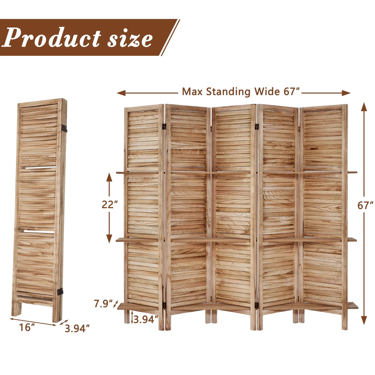 6-Panel Room Divider with Shelves5.6ft Tall Folding Privacy Screen Panels, Room Divider Wall, Divider for Room Separation, Room Divider ShelvesEffectively Block SightNatural