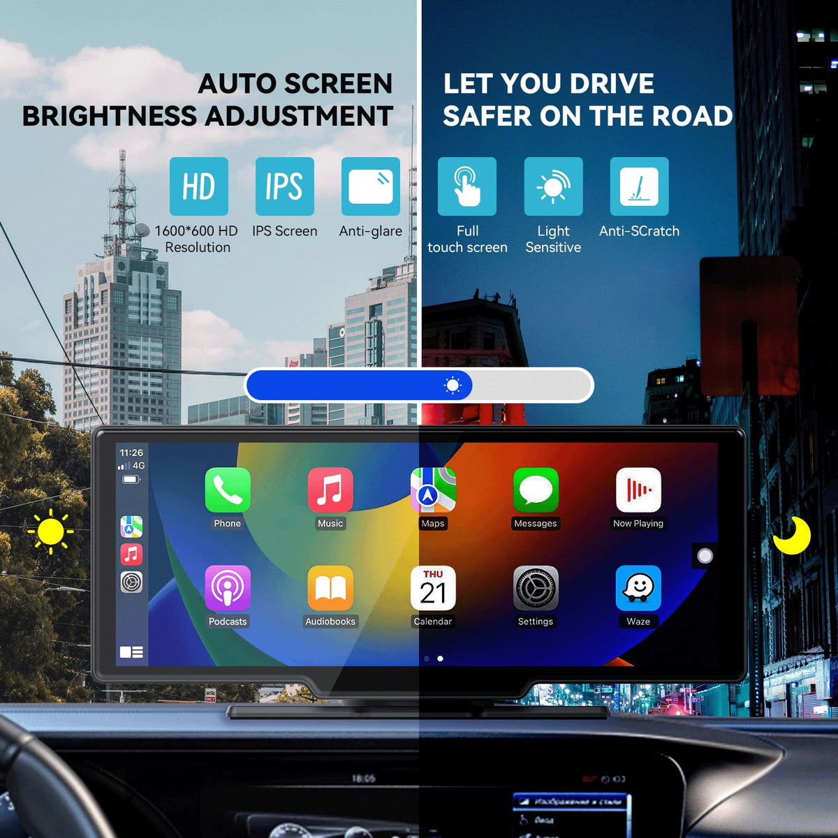 10.26�� Wireless Apple Carplay Screen with Android Auto, 4K Dash Cam, Backup Camera, Bluetooth, GPS, Voice Control