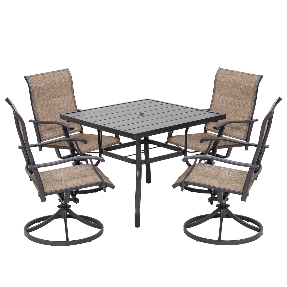 Nuu Garden 5 Piece Outdoor Patio Dining Set, Metal Patio Furniture Set 4 Textilene Swivel Chairs and 37" Square Iron Umbrella Dining Table,Black and Brown