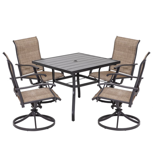Nuu Garden 5 Piece Outdoor Patio Dining Set, Metal Patio Furniture Set 4 Textilene Swivel Chairs and 37" Square Iron Umbrella Dining Table,Black and Brown