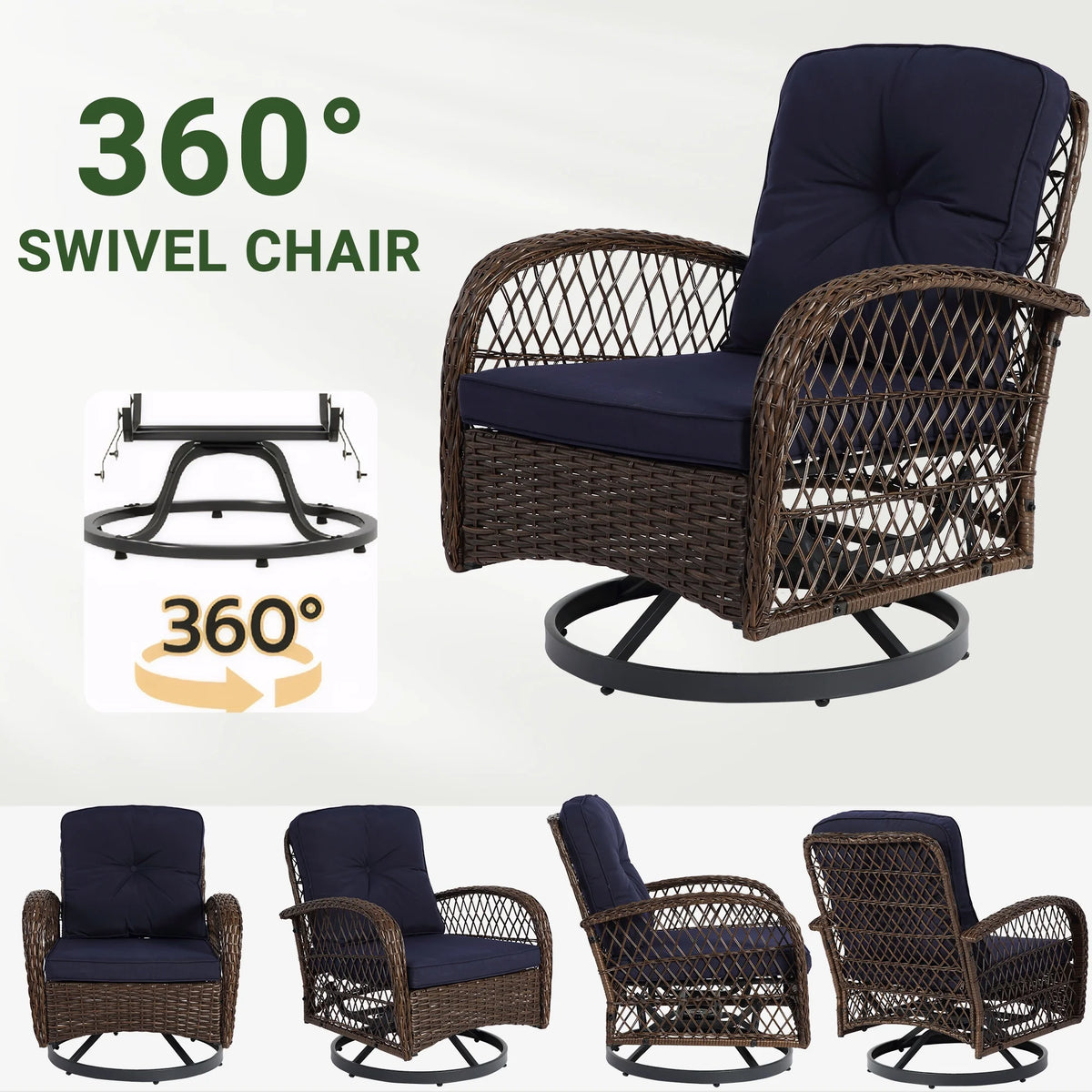 3 Piece Patio Swivel Rocker Chairs Set, 2 360-Degree Swivel Rocking Chairs with 1 Glass Top Table, PE Rattan Outdoor Bistro Set with Cushions for Balcony Deck Poolside Backyard Porch