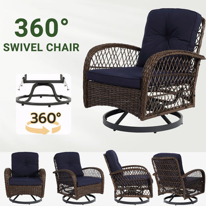 3 Piece Patio Swivel Rocker Chairs Set, 2 360-Degree Swivel Rocking Chairs with 1 Glass Top Table, PE Rattan Outdoor Bistro Set with Cushions for Balcony Deck Poolside Backyard Porch