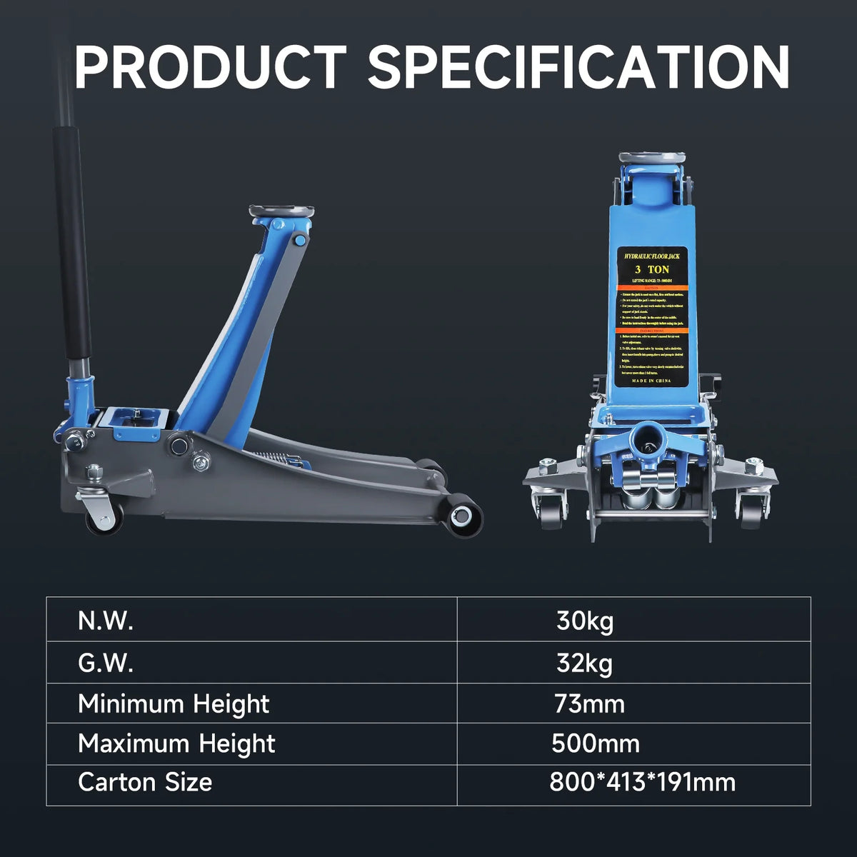 3 Ton Heavy Duty Floor Jack, Fast Lift & Stable Support, Carbon Steel Automotive Jack with Wheels, Max Lift 18.15" for Car and Truck Repair, Blue