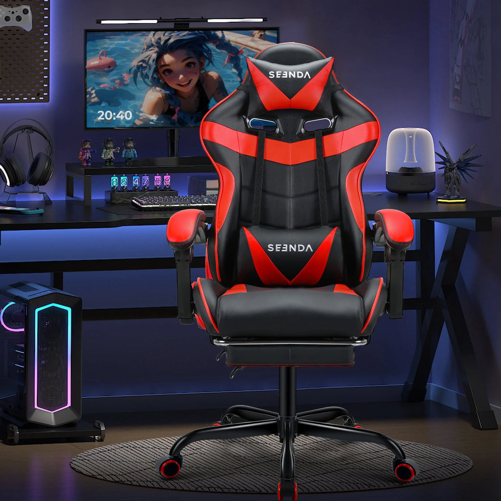Gaming Chair, Seenda Video Game Chair with Footrest and Lumbar Support, Ergonomic Computer Chair Height Adjustable with Swivel Seat and Headrest, Red