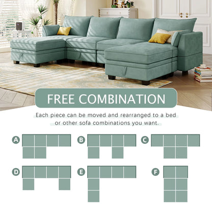 Euroco Large U-Shaped Sectional Sofa 6 Seat Convertible Sofa with Storage Seat, Modular Sofa with 2 Stools, Green