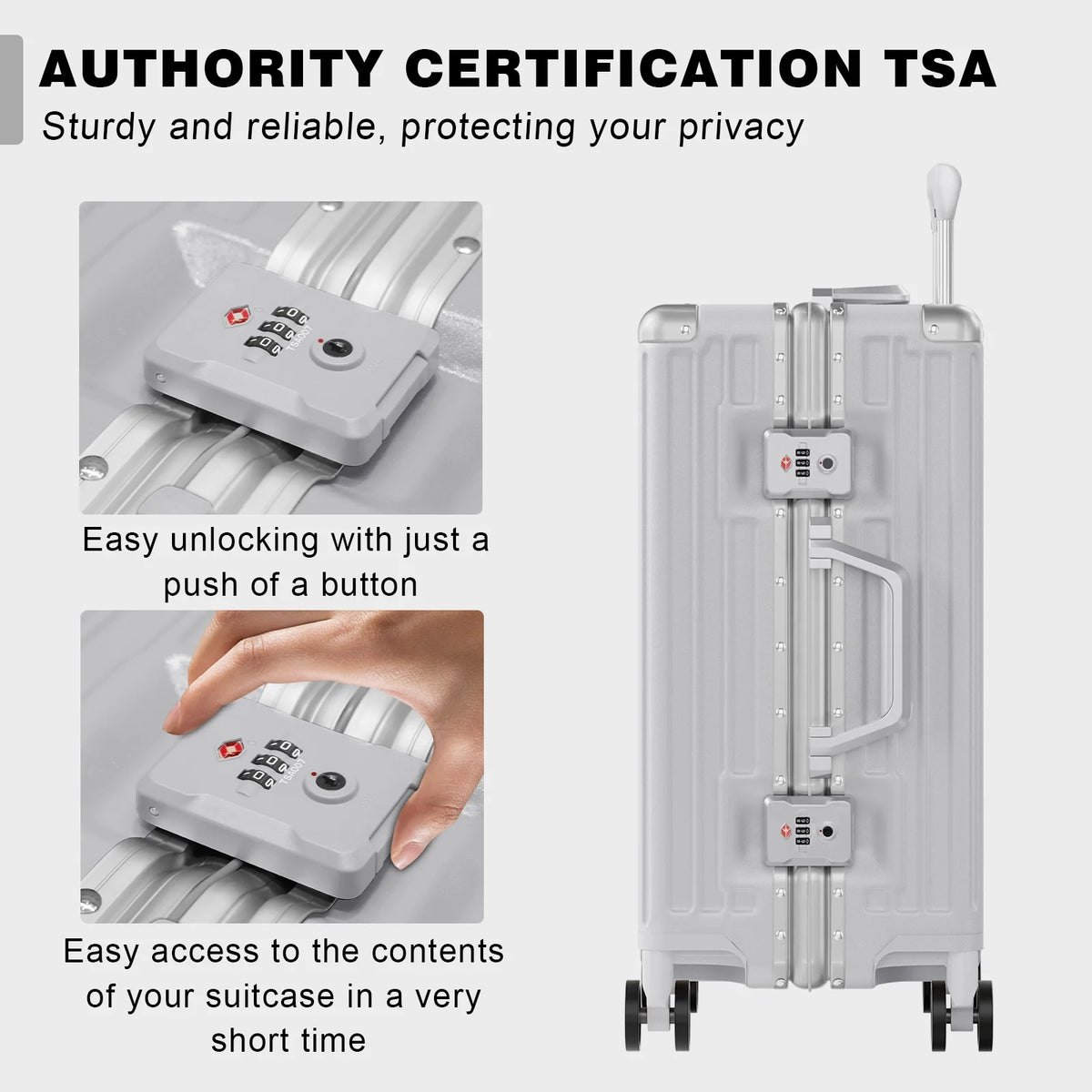 Luggage Aluminium Frame PC ABS Hardshell Suitcase with Spinner Wheels TSA Lock Zipperless Luggage 28 inch Silver
