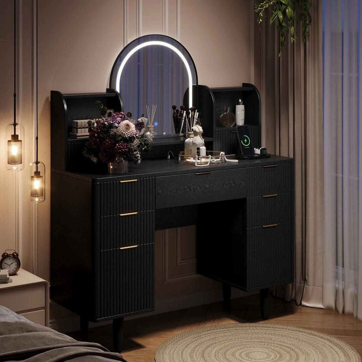 UGTOO 45.2" Modern Vanity Desk with LED Mirror & USB Charging, Wood Makeup Dressing Table with 7 Drawers for Bedroom