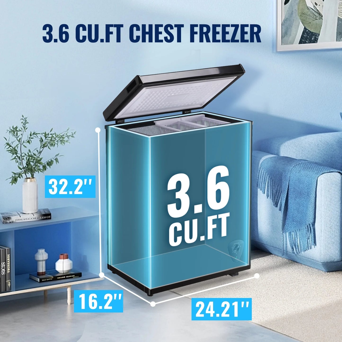 3.6 Cu.ft Chest Mini Freezer with Wheels Deep Freezer for Bulk Storage Top Open Door 2 Removable Baskets 7 Modes Temperature for Home Apartment Kitchen Black