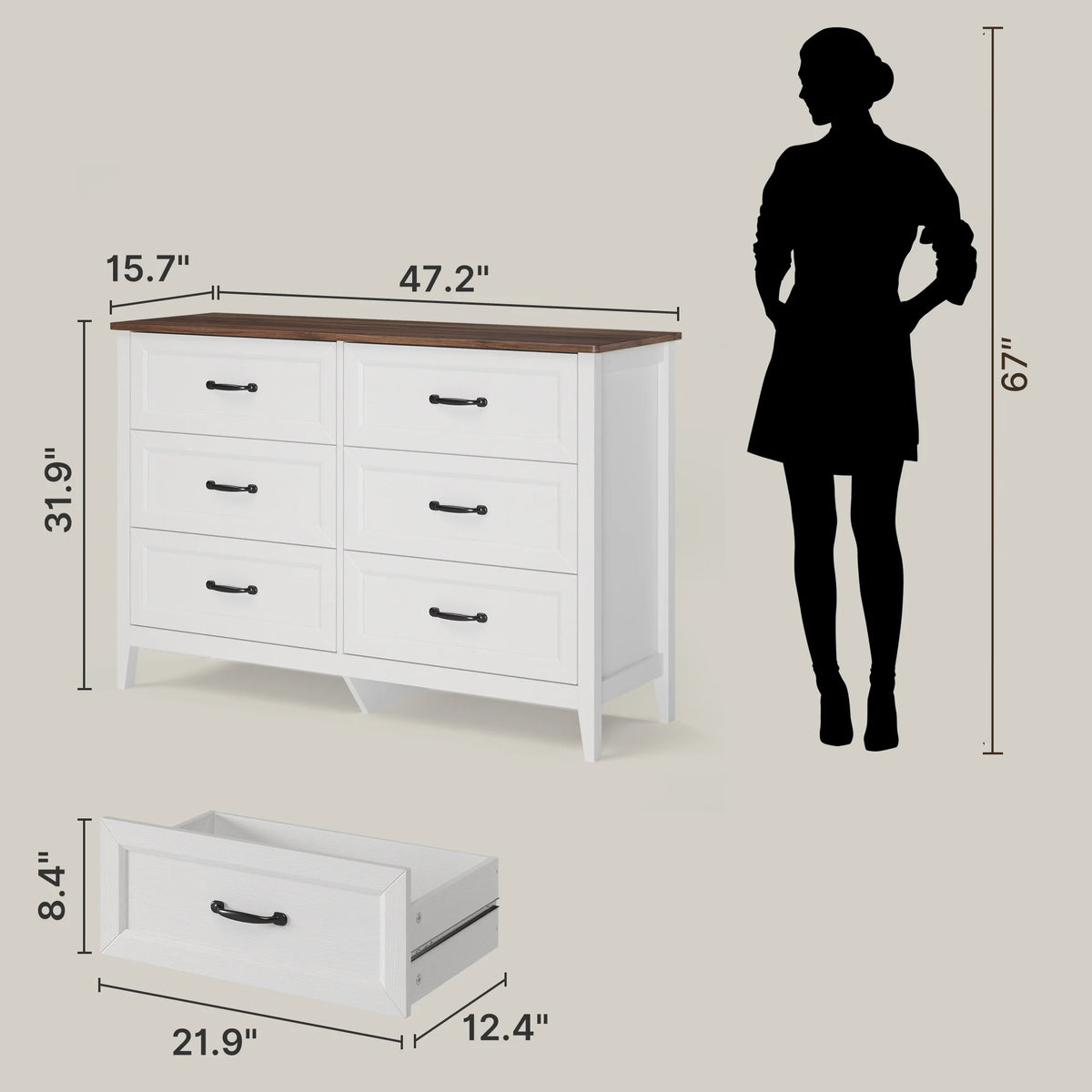 White Dresser, Lofka 6 Drawer Dresser for Bedroom, Chests of Drawers for Living Room, White?? Brown