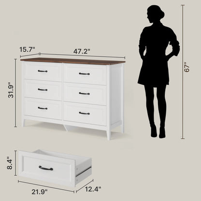White Dresser, Lofka 6 Drawer Dresser for Bedroom, Chests of Drawers for Living Room, White?? Brown