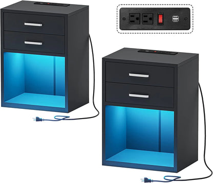 Set of 2 LED Nightstands with Charging Station, Modern Bedside Table with 2 Drawers, Black