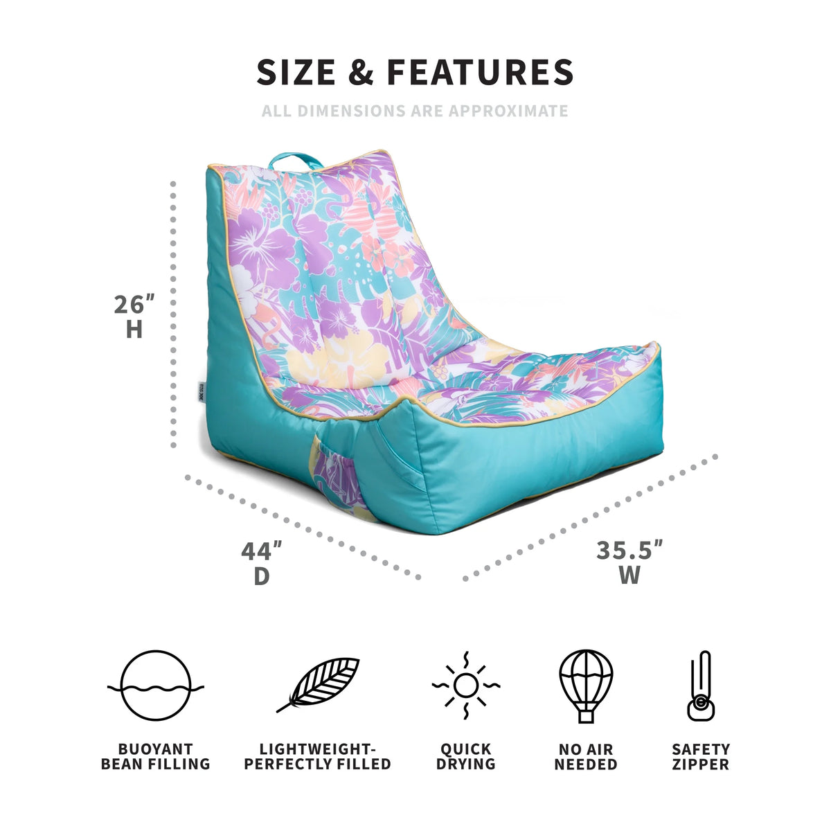 Big Joe Captain's Float No Inflation Needed Pool Lounger with Drink Holder, Tropical Hibiscus Aqua Double Sided Mesh, Quick Draining Fabric, 3 feet