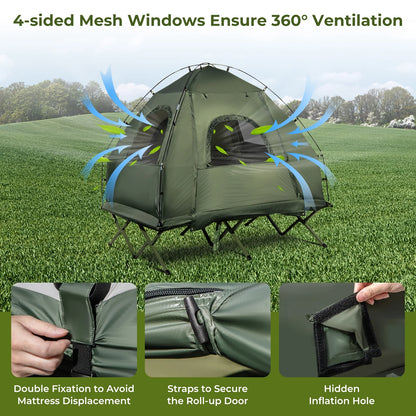 Patiojoy Folding 2-Person Camping Tent Cot Portable Pop-Up Tent with Sleeping Bag&Air Mattress for Outdoor Activity