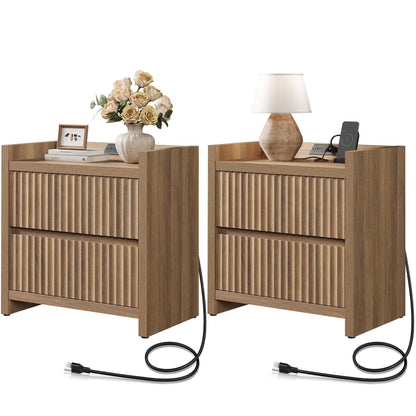 SICOTAS 25.4" Wide Nightstand Set of 2 with Charging Station, Modern Night Stand  with  2 Fluted Dresser & Handle-Less Storage Farmhouse Bed Side Table  for Bedroom, Natural Oak