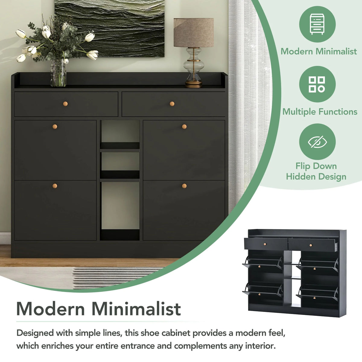 Aukfa Shoe Cabinet with 4 Flip Drawers and 2 Storage Drawers- Black