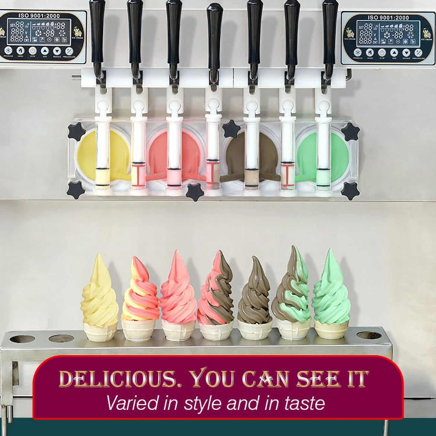 Kolice ETL Commercial Countertop 7 Flavors Soft Serve Ice Cream Machine-Transperant Dispenser, Upper Tanks Refrigerated