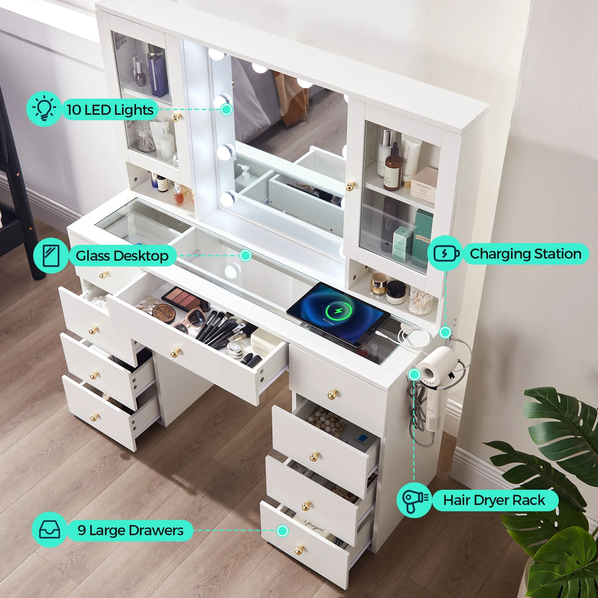 Linsy Home Large 47.2" Makeup Vanity With Mirror And 11 Lights, Glass Top Vanity Desk with 9 Drawers & 2 Adjustable Cabinets, Dressing Table with Charging Station & Hair Dryer Rack For Bedroom, White