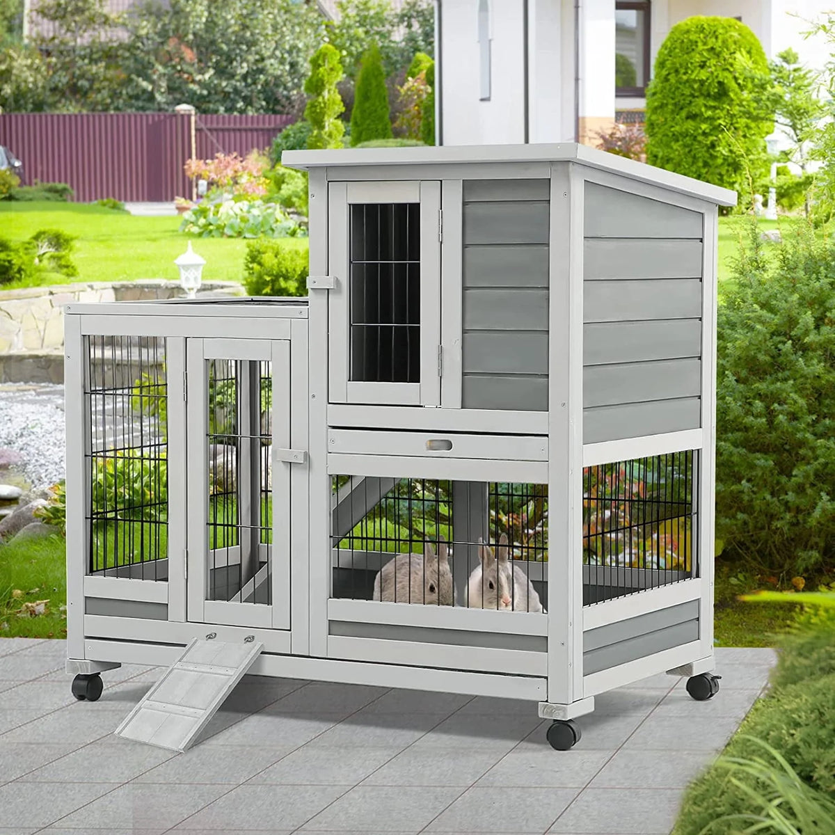 YODOLLA Indoor Rabbit Hutch Bunny Cage Large Pet House for Small Animal with Wheels
