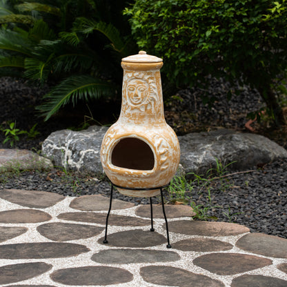 Vintiquewise QI004631.TC Outdoor Clay Chiminea Fireplace Sun Design Wood Burning Fire Pit with Sturdy Metal Stand, Barbecue, Cocktail Party, Cozy Nights Fire Pit, Terra Cotta