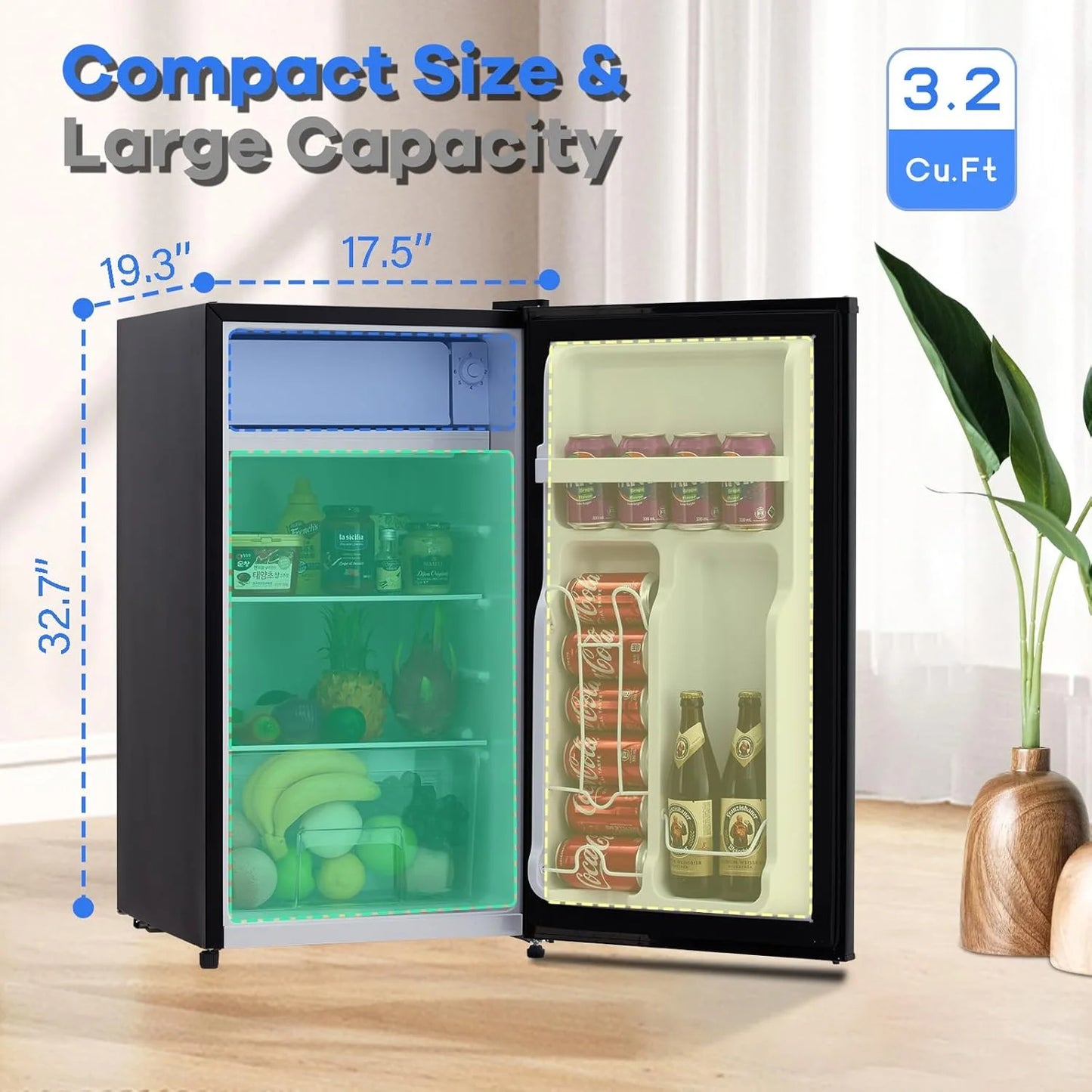 Mini Fridge With Freezer, 3.2 Cu.Ft Mini Refrigerator, Dorm Fridge With Single Door, Compact Refrigerator For Bedroom/Apartment/Office-Food Storage Cooling Drink, White