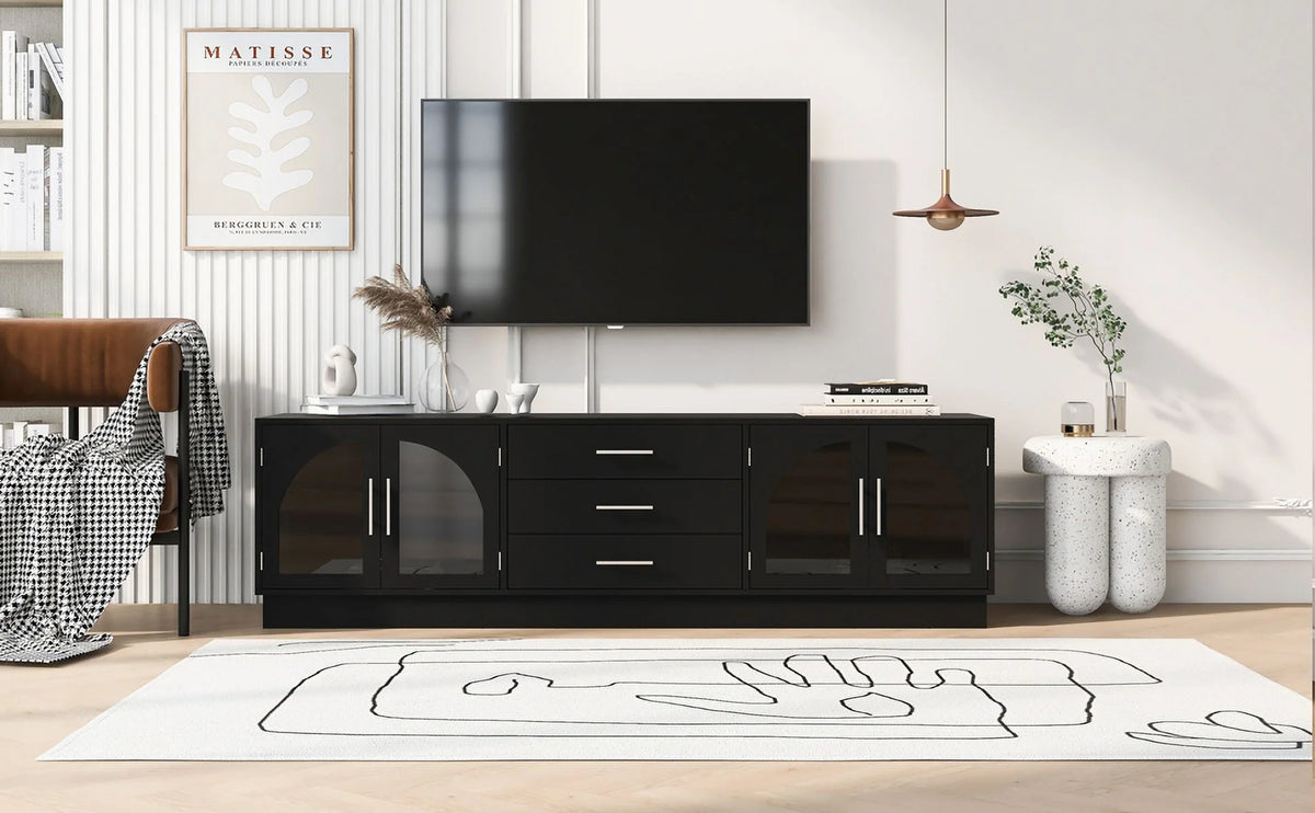 Euroco Modern TV Stand with Arched Glass Doors, Drawers & Adjustable Shelves for TVs up to 75 Inches