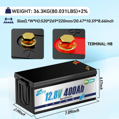 12V 400Ah LiFePO4 Lithium Battery,5120Wh,3200W Max,15000+ Deep Cycles Group 8D Battery,for RV Solar Fishing Trolling Motor Marine,Built in 200A BMS