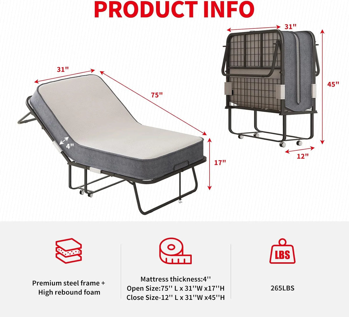 Puremind Folding Bed with 4 Inch Foam Mattress,  75" x 31" Rollaway Bed for Adults, Portable Bed with Lockable Wheels, Easy Assembly & Moving, Standard