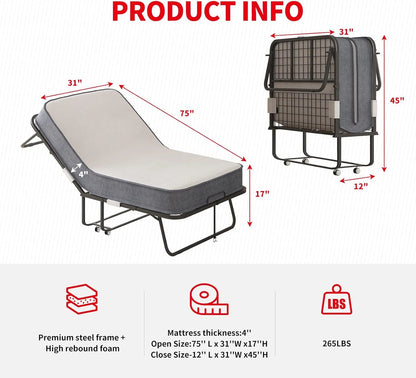 Puremind Folding Bed with 4 Inch Foam Mattress,  75" x 31" Rollaway Bed for Adults, Portable Bed with Lockable Wheels, Easy Assembly & Moving, Standard
