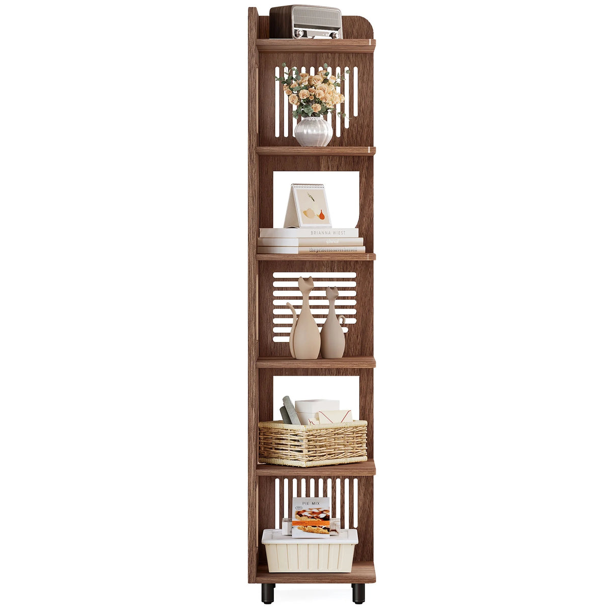 Fnova 71" 6-Tier Tall Corner Bookshelf, Rustic Wooden Narrow Corner Bookcase with Artistic Square Rack, Freestanding Display Storage Shelf for Space-Saving Home Organizing