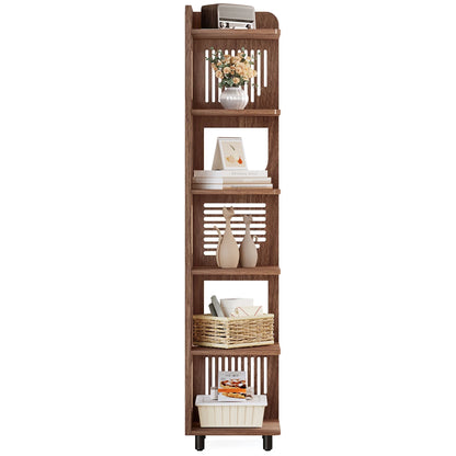 Fnova 71" 6-Tier Tall Corner Bookshelf, Rustic Wooden Narrow Corner Bookcase with Artistic Square Rack, Freestanding Display Storage Shelf for Space-Saving Home Organizing