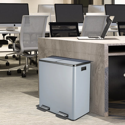 LAZY BUDDY Dual Garbage Can, Stainless Steel 16 Gallon Step Kitchen Trash Can with Soft-Close Lid, Double Compartment Garbage Recycling Bin