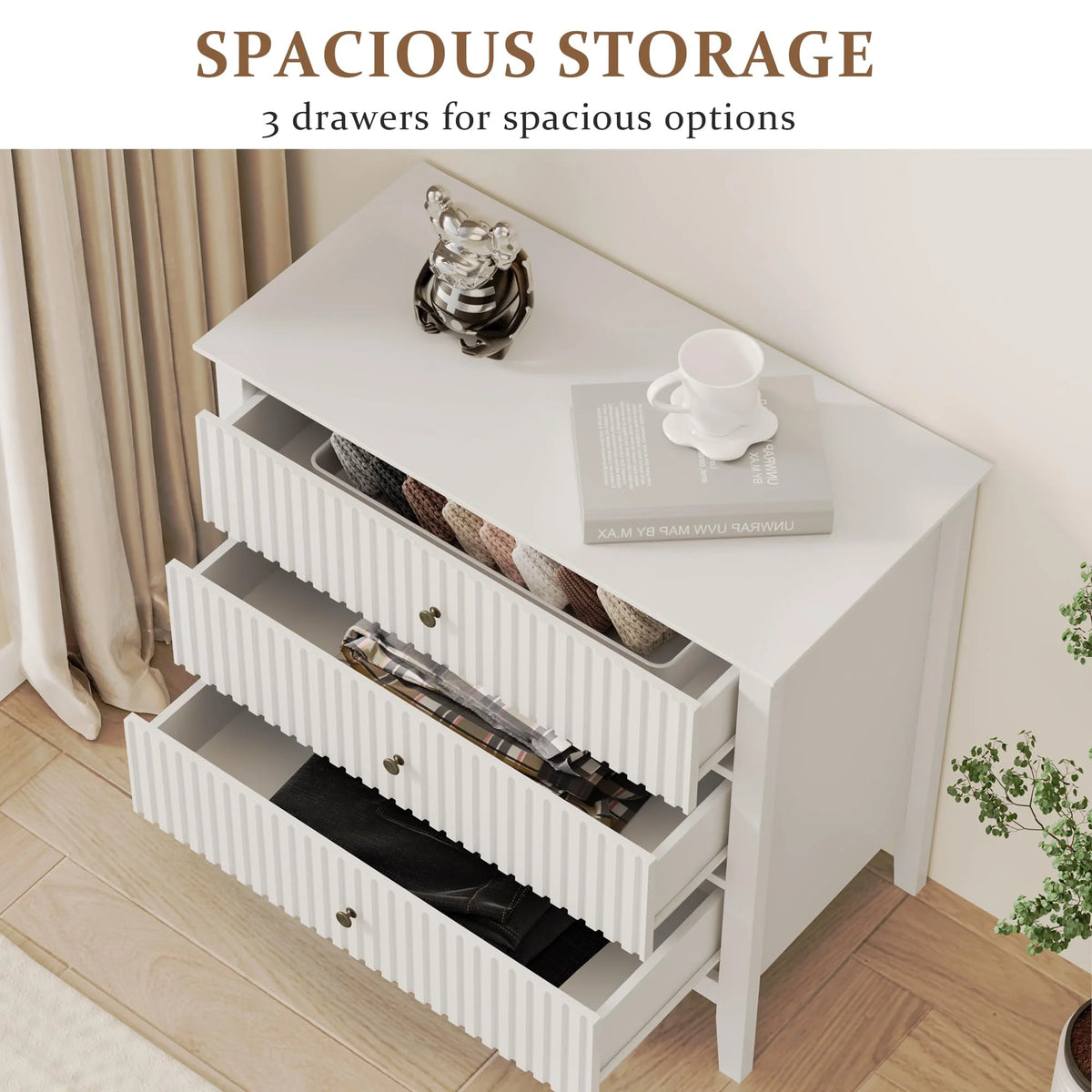 May Color Large White 3 Drawer Dresser Set of 2 with Fluted Panel, Modern Chest of Drawers with Silent Slide Drawers, Wood Accent Nightstand with Storage for Bedroom Living Room, Hallway
